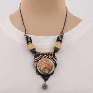 Suzanne Bellows Bead Fabric Necklace Signed Boho Art to Wear Mixed Material Vtg